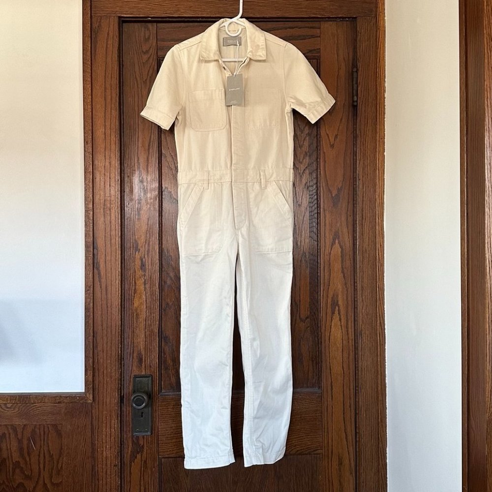 NWT Everlane Supersoft Jean Coverall - Short-sleeve white denim jumpsuit (00)